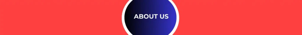 "About Us" text on a red background with a blue and white circular center.