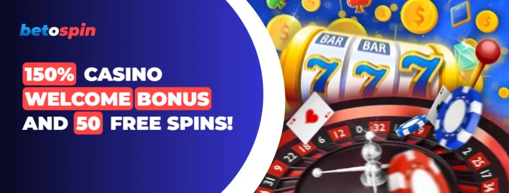 CTA banner saying “150% Casino Welcome Bonus And 50 Free Spins!” with the BetOspin Casino brand colors.